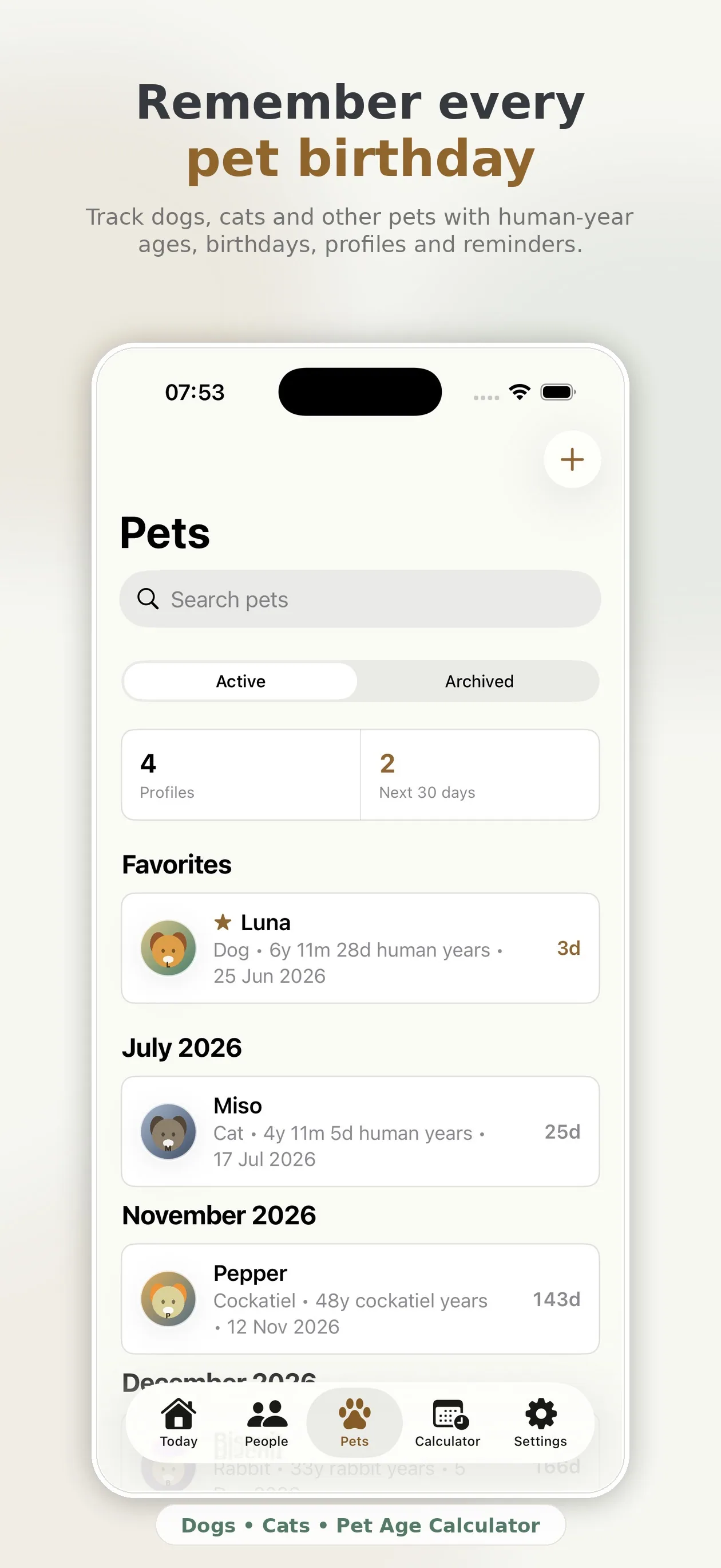 Pet birthday tracker for dogs, cats and other animals